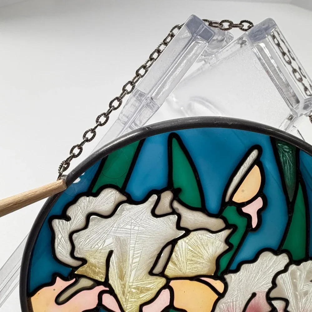 Joan Baker Designs Iris Floral Hand Painted Glass‎ Suncatcher Window Art